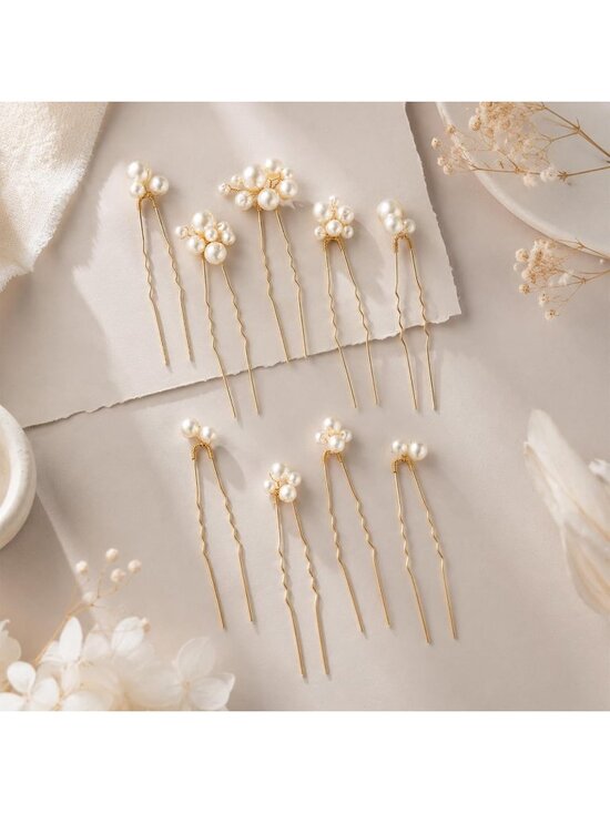 Women\'s 9 Pieces Rhinestone Crystal Handmade Bridesmaid Floral Pearl Hair Pins main image 3